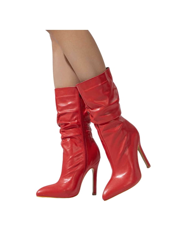 Women's Stiletto High Heels Dressy Boots for Ladies Sexy Slouch Leather Pointed Toe Pumps Mid Calf Zipper Boots