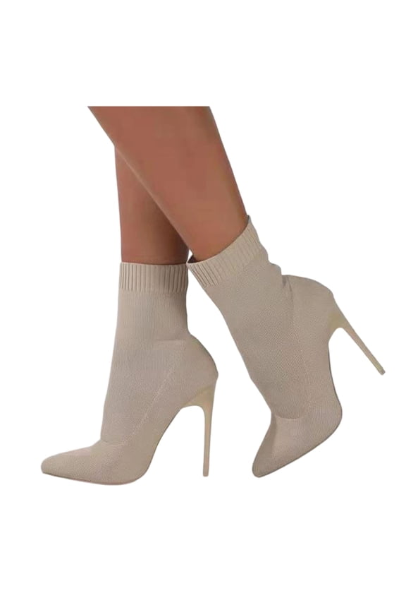 Women's Stiletto Mid Calf Boots Knitted Pointed Toe Pull on Dress Heels Soft Non Slip Dress Shoes for Banquet Vacation Date Night Wedding White Size 6