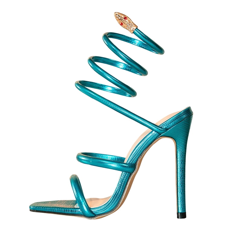 Mostsola Women's Stilettos High Heels Vintage 70s Spiral Strap Sandals Square Open Toe Solid Color Sexy Summer Dress Shoes Blue Size 6.5