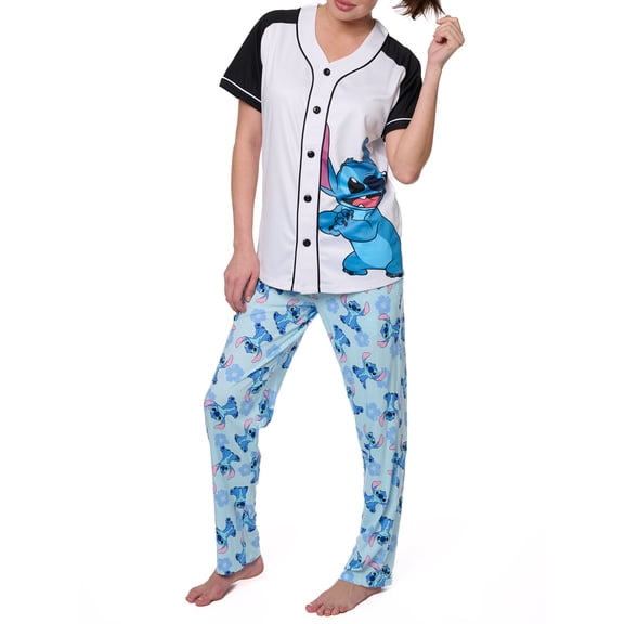 Women's Stitch Baseball Jersey Button Shirt & Disney Lounge Pants Set