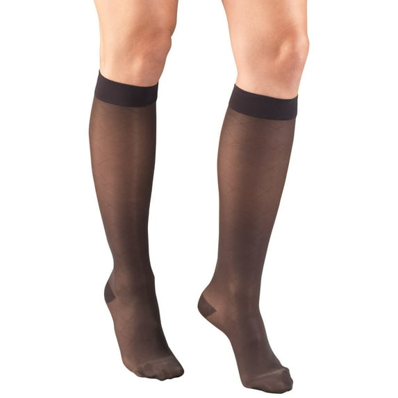Women's Stockings, Knee High, Sheer, Diamond Pattern: 15-20 mmHg, Charcoal, X-Large