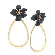 NYFASHION101 Women's Stone Center Matte Flower Teardrop Dangle Pierced Earrings, Gray/Gold-Tone