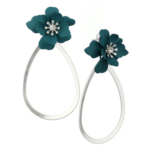 Women's Stone Center Matte Flower Teardrop Dangle Pierced Earrings, Teal/Silver-Tone