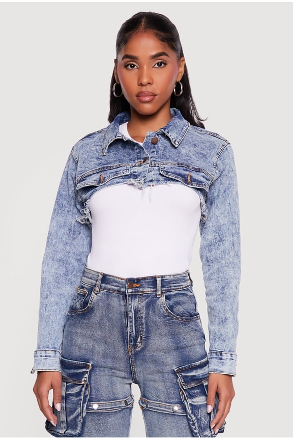 Women's Stone Wash Frayed Denim Bolero Jacket