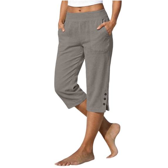 Women's Straight Capri Pants, Elastic Waist Cropped Trousers with Side Buttons, Lightweight Summer Casual Bottoms