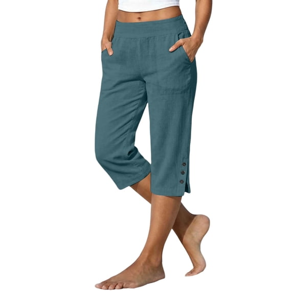 Women's Straight Capri Pants, Elastic Waist Cropped Trousers with Side Buttons, Lightweight Summer Casual Bottoms