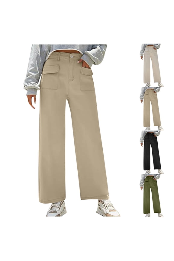 Women's Straight Cargo Pants, Trousers, Button Fly Casual Long Pants with Pockets, Stretchy Comfort for Work Office, Commuting, and Daily Wear, Casual Style Essentials | HAODEJW,Black M