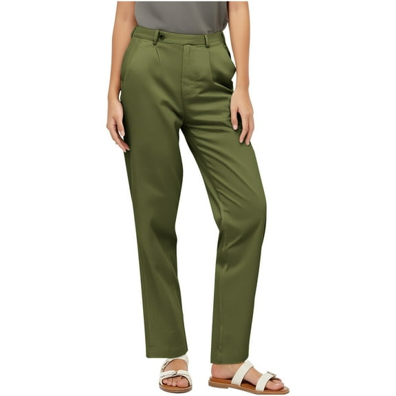 Women's Straight Casual Work Pants With Solid Color Buttons Versatile Commuting Work Pants With Pockets (M, Army Green)