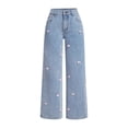 thumbnail image 1 of Women's Straight Leg Baggy Jeans With High WaistbBuckle Bow, High Elasticity Wide Leg Casual Jeans With Pockets (XS, Light Blue), 1 of 5