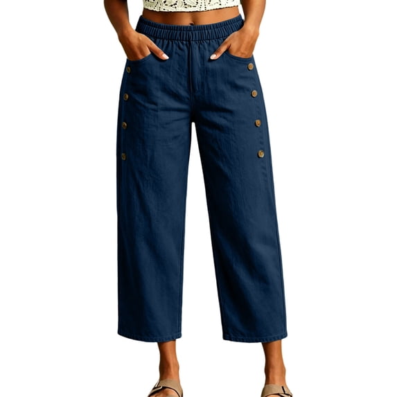 Women's Straight Leg Capri Pants Elastic Waist Cotton Blend Lounge Navy Loose Fit Cropped Pants with Pockets Size M
