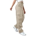 thumbnail image 1 of Women's Straight Leg Cargo Pants, Elastic Drawstring Waist Casual Trousers with Multiple Pockets, Loose Fit Outdoor Hiking Pants for Daily Wear, Gym and Utility Style Beige L, 1 of 9
