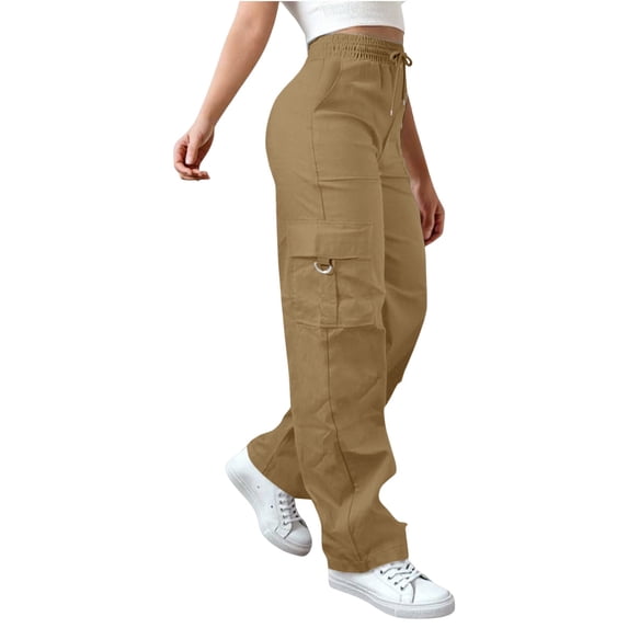 Women's Straight Leg Cargo Pants, Elastic Drawstring Waist Casual Trousers with Multiple Pockets, Loose Fit Outdoor Hiking Pants for Daily Wear, Gym and Utility Style Khaki M