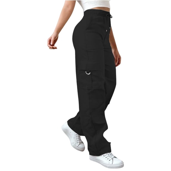 Women's Straight Leg Cargo Pants, Elastic Drawstring Waist Casual Trousers with Multiple Pockets, Loose Fit Outdoor Hiking Pants for Daily Wear, Gym and Utility Style Black M