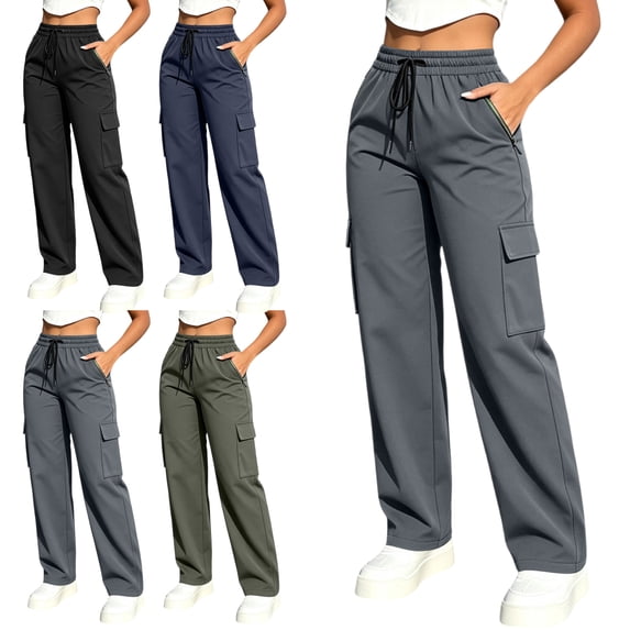 Women's Straight Leg Cargo Pants Elastic Waist Multi Pocket Casual Jogger Solid Color Trousers