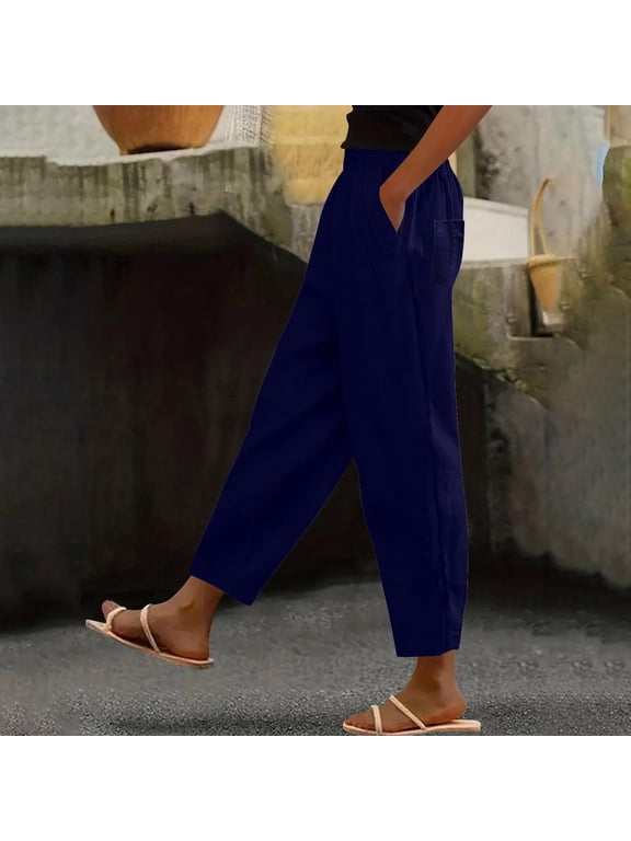 Women's Straight Leg Casual Pants with Drawstring Waist, Solid Color, Linen Cotton Blend, Versatile for Daily Wear