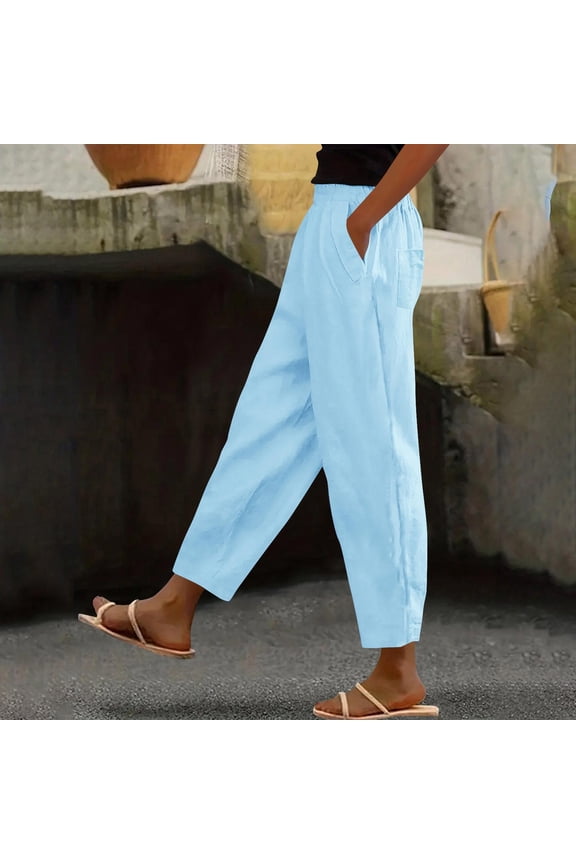 Women's Straight Leg Casual Pants with Drawstring Waist, Solid Color, Linen Cotton Blend, Versatile for Daily Wear