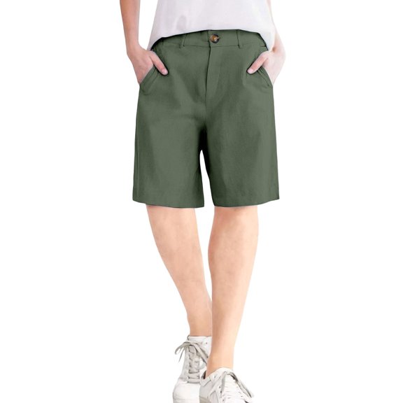 Women's Straight-Leg Cotton Linen Shorts - Button Closure with Functional Pockets, No Zipper Slim Fit Casual Summer Capri Shorts,Army Green M