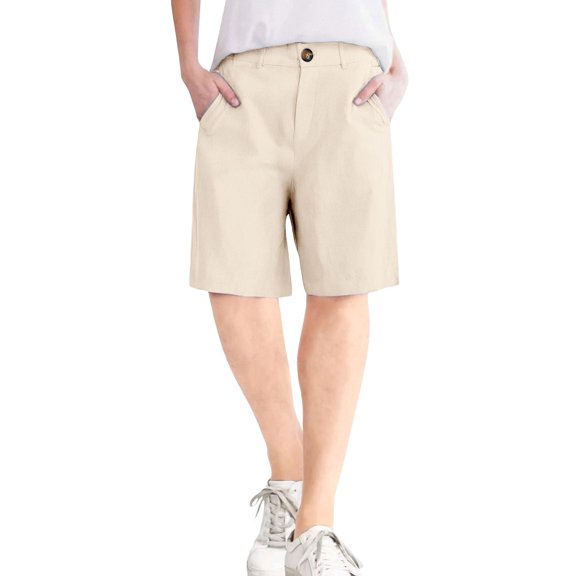 Women's Straight-Leg Cotton Linen Shorts - Button Closure with Functional Pockets, No Zipper Slim Fit Casual Summer Capri Shorts,Khaki S