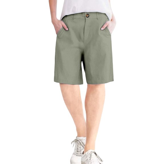 Women's Straight-Leg Cotton Linen Shorts - Button Closure with Functional Pockets, No Zipper Slim Fit Casual Summer Capri Shorts,Light Green S
