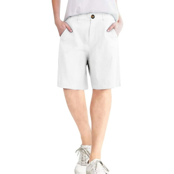Women's Straight-Leg Cotton Linen Shorts - Button Closure with Functional Pockets, No Zipper Slim Fit Casual Summer Capri Shorts,White M