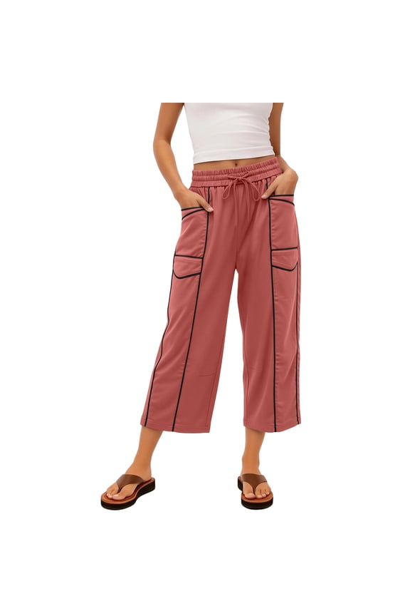 Women's Straight Leg Cropped Sweatpants, Chic Striped Loose Elastic Waist Lounge Travel Pants with Pockets