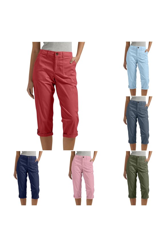 Women's Straight Leg Cropped Trousers with Pockets and Buttons for Spring Summer Fall Casual Pants Everyday