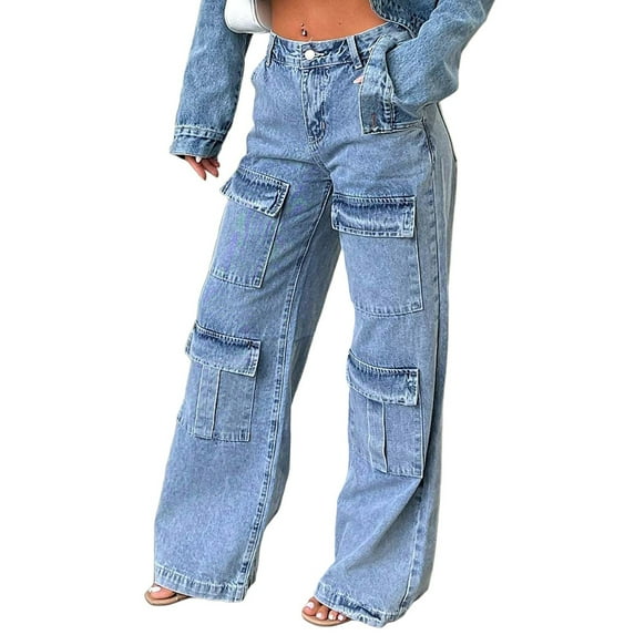 Women's Straight Leg Distressed Denim Jeans Mid-Low Waist Baggy Jeans with Pockets, Vintage Washed Wide Leg Casual Loose Fit Hip Hop Jeans,Blue S