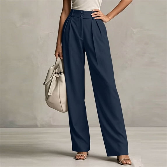 Women's Straight Leg Dress Pants Solid Color High Waist Button Closure Trousers Business Casual Work Pleated Pants,Sizes S-2XL