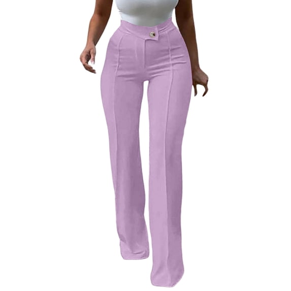 Women's Straight Leg Dress Pants, Stretchy High Waisted Basic Solid Business Casual Trousers with Pockets