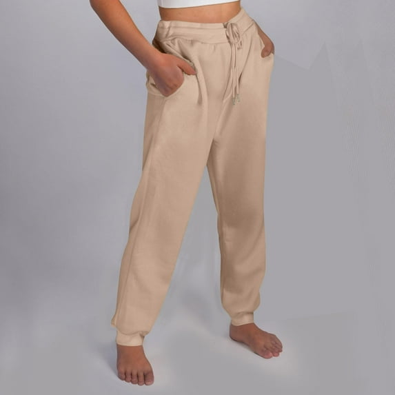 Women's Straight Leg Fleece Lined Sweatpants, High Waist Tapered Yoga Pants with Drawstring and Pockets, Comfortable Joggers for Running, Workout, Lounge, and Casual Winter Wear Beige L