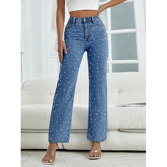 Women's Straight Leg Jeans Classic Mid Waist Non Stretch Denim Pants With Pearl Rhinestones