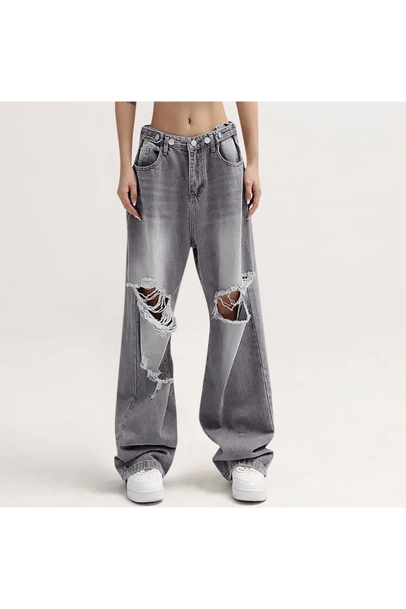 Women's Straight Leg Jeans Fashion Vintage Washed Casual Denim Wide Leg Pants Streetwear Gray S