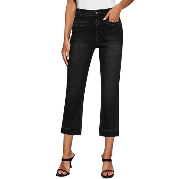 Women's Straight Leg Jeans High Waisted Stretchy Capri Pants with Zipped Button and Pockets Black