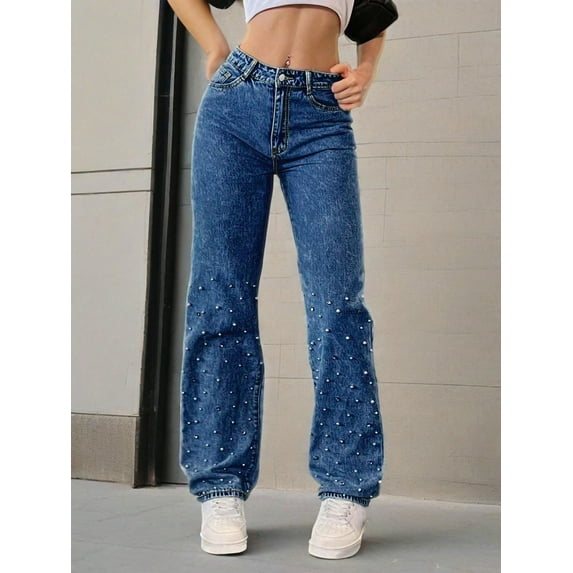Women's Straight Leg Jeans High-rise wide-leg jeans Elegant Women's Streetwear Essential Items For Streetwear Nail Bead Decorative Cotton Denim