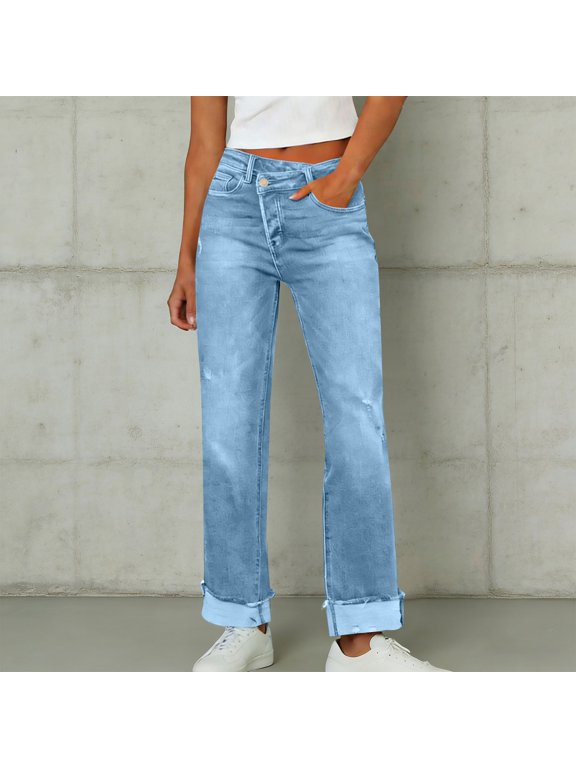 Women's Straight Leg Jeans, Retro Streetwear Style with Irregular Waistband and Elastic Stretch, Casual Denim Pants for Daily Fashion and Urban Outfits-Sky Blue