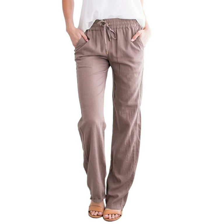 Women's Straight Leg Pant Cotton Linen Regular Fit Pant Summer Casual Pants  Drawstring Long Trousers with Pockets S-3XL XL Khaki