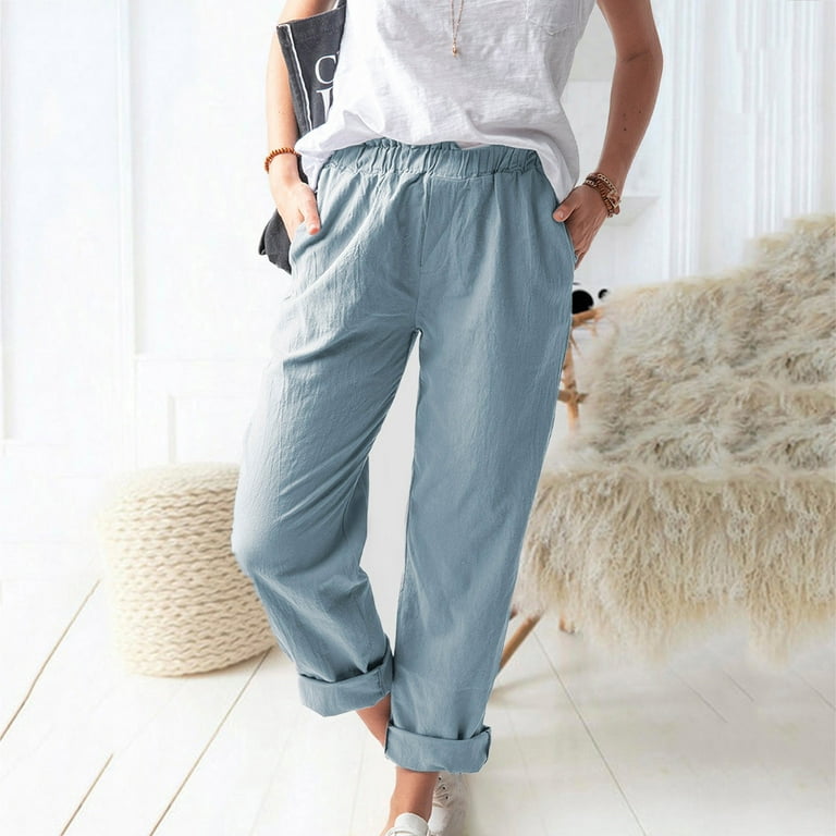 Women's Straight Leg Pant Cotton Linen Regular Fit Pant Summer Casual Pants  Drawstring Long Trousers with Pockets 