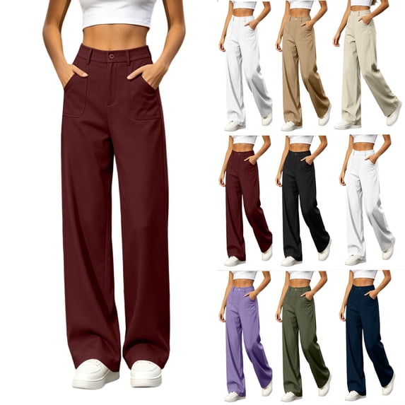 Women's Straight Leg Pant Relaxed Fit High Waist Wide Leg Button Zip Fly Casual Straight Trousers with Large Front Patch Pockets, Flowy Floor Length Business Casual Suit Pants