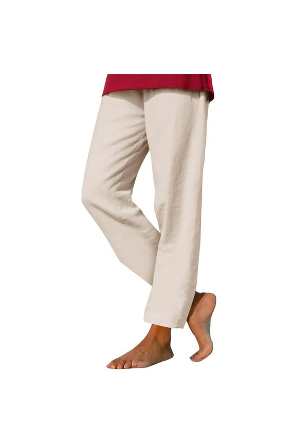 Women's Straight Leg Pants Cotton Linen Pants Casual Solid Color Loose Pants Beach Trousers With Pocket