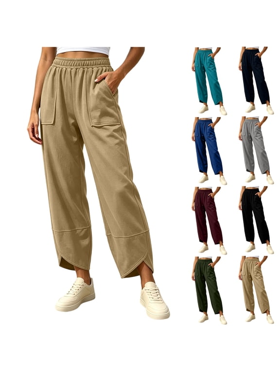 Women's Straight Leg Pants High Rise Elastic Waist Split Hem Trouser Fall Casual Loose Lounge Daily Pant S-XXL