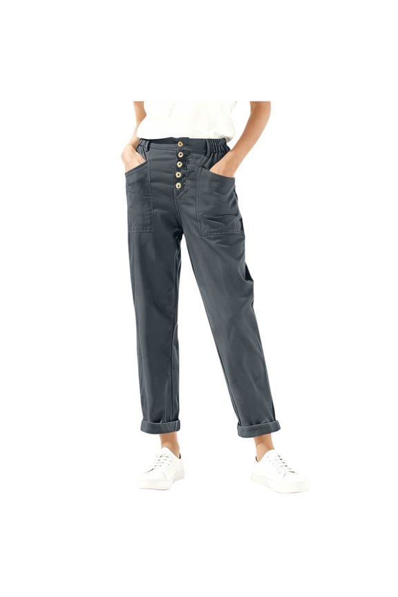 Women's Straight Leg Pants High Waisted 5 Buttons Stretchy Flat Front Elastic Back Chino Pants for Dressy Casual Trousers with Pockets, Gray, XL