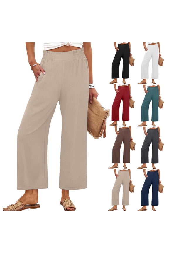 Women's Straight Leg Pants with Pockets Ruffles and Pleats, Loose Trousers Slacks Bottoms, Solid Color Soft Flowy Casual Daily Work Office Lounge Wear Travel Essentials for Women