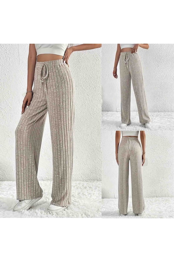 Women's Straight Leg Pants, Stretch Waist Striped Trousers, Comfy Casual Bottoms for Lounge, Work Office, Business Casual & Daily Wear | HAODEJW,Gray M