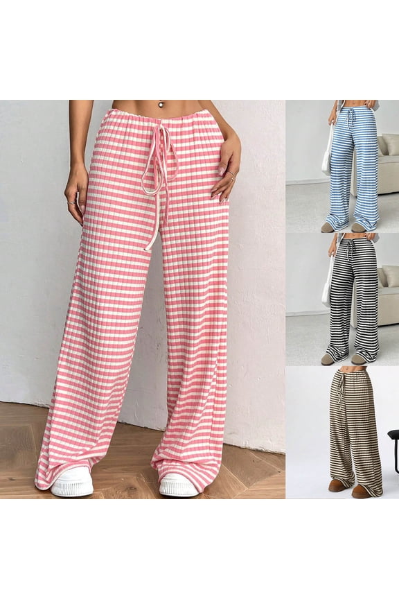 Women's Straight Leg Pants Trousers Slacks with Elastic Drawstring Waist, Casual Striped Pattern Stretchy Comfortable Bottoms for Daily Work Office Lounge Wear Travel Essentials