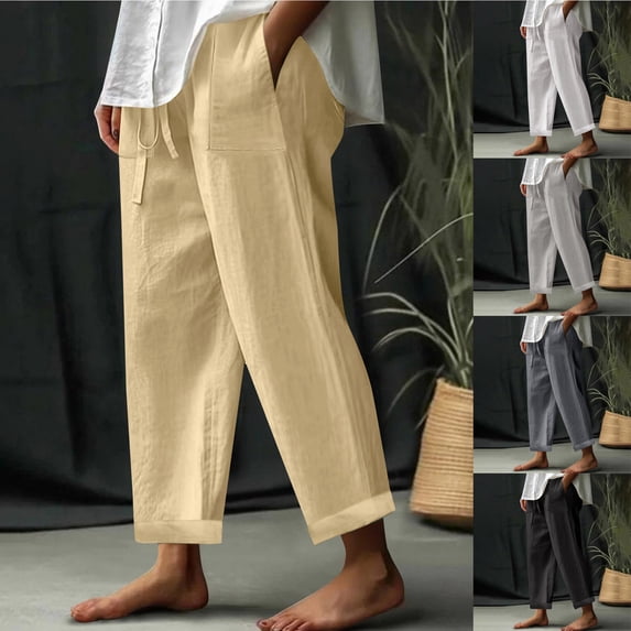 Women's Straight Leg Pants Trousers Slacks Linen Blend Solid Color Casual Daily Work Office Lounge Wear Spring Summer Travel Essentials for Women | Aestivo,Dark Gray XL