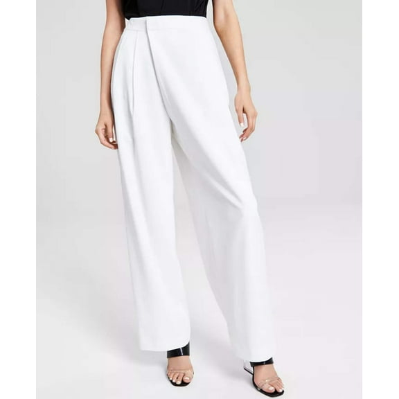 Women's Straight-Leg Pleated High Rise Asymmetrical Pants Linen White 4