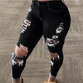 thumbnail image 1 of Women's Straight Leg Ripped Jeans High Waist Slim Fit Solid Color Distressed Denim Pants Black XL, 1 of 7