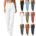 thumbnail image 1 of Women's Straight Leg Solid Color Pants Casual High Waisted Stretch Buttoned Waistband Casual Trousers with Pockets, 1 of 10