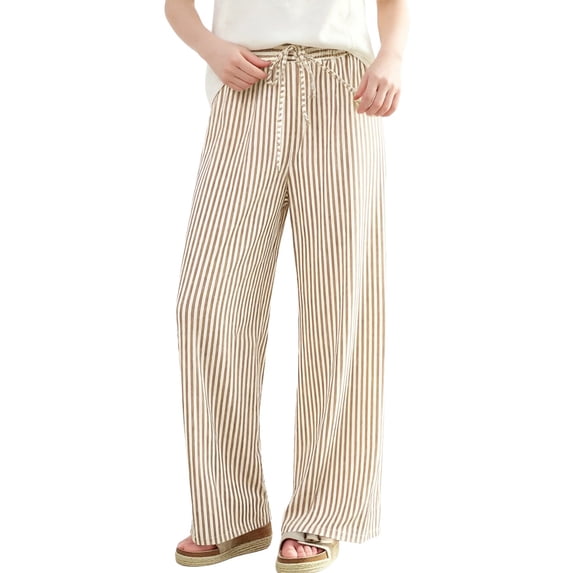 Women's Straight Leg Striped Linen Lounge Pants, Lightweight Loose Summer Business Casual Trousers with Pockets
