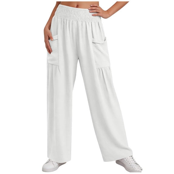 Women's Straight Leg Summer Linen Pants, Dressy Loose Smocked Waist Business Casual Trousers with Pockets